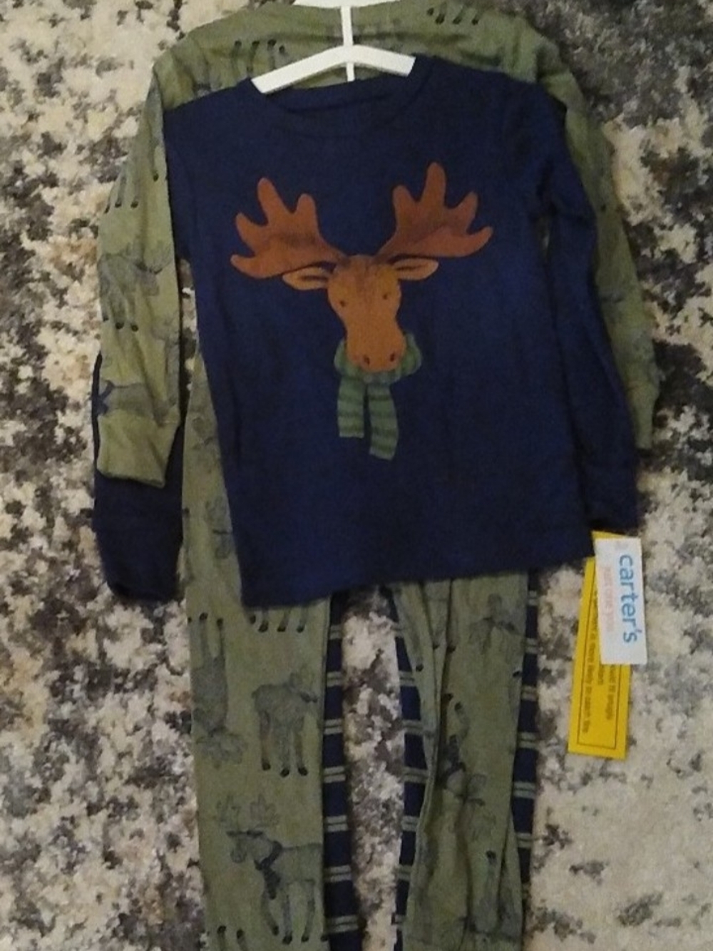 New Carter's Navy Top with Olive Moose Print 4 Piece Pajamas Set Size 4T.